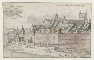Vista de las murallas de Maastricht con la Onze-Lieve-Vrouwekerk al fondo de Josua de Grave