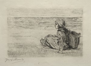 Niña con cesta sentada en la orilla