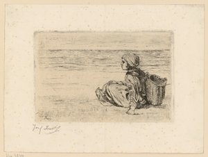 Niña con una cesta a la espalda en la playa de Jozef Israëls