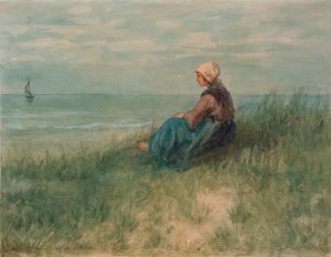 Chica en las dunas mirando hacia afuera de Jozef Israëls