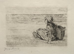 Niña con cesta sentada en la orilla