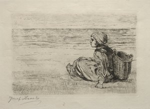 Niña con cesta sentada en la orilla