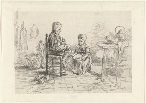 Interior de cocina con dos niños. de Jozef Israëls