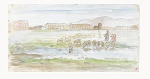 Llanura con ovejas, al fondo ruinas de un acueducto de Jozef Israëls