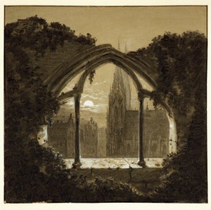 Catedral gótica vista a través de las ruinas de un castillo ... (dibujo al carboncillo)