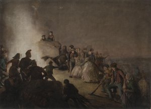 Noche de San Juan. Campesinos que han encendido una hoguera en un túmulo, bailan alrededor del fuego de Jørgen V. Sonne