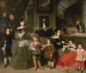 La familia del artista, a la izquierda los cuatro hijos del primer matrimonio del artista con la hija de Diego Velázquez, Gaspar, Melchor, Baltasar y María Teresa; a la derecha su segunda esposa Francisc