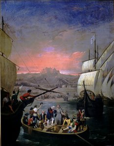 A partir de 1492 las carabelas de Palos Santa María, la Pinta y la Nina (óleo sobre lienzo) de Juan Cabral Bejarano