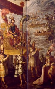 Moctezuma, detalle del encuentro entre Cortés y Moctezuma, biombo atribuido a Juan Correa (1645-1716), óleo sobre lienzo, 250x600 cm de Juan Correa