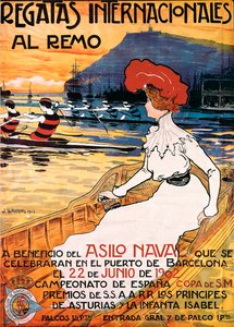 Cartel de un evento deportivo ""Regata Internacional de Remo"", ilustración de Joan Llaverias i Labro (1865-1938). 22/06/1902. DR