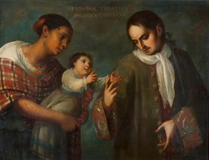 Un español y una mujer mestiza con su hijo, un "Castizo"