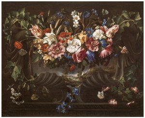 Guirnalda de flores con un paisaje de Juan de Arellano