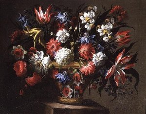 Naturaleza muerta de tulipanes, narcisos y otras flores en una cesta