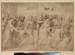 Dos estudios para "San Esteban siendo llevado a su martirio" (recto), 1556 de Juan de Juanes