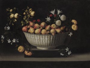 Flores y frutas en un cuenco de porcelana, c.1645 de Juan de Zurbaran