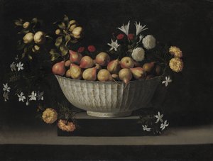 Flores y Frutas en un Cuenco de China de Juan de Zurbaran