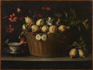 Naturaleza muerta con limones en una cesta de mimbre, ca 1643-1649 de Juan de Zurbaran