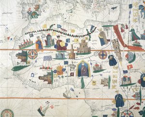 Detalle de África y la Cuenca del Mediterráneo, por Juan de la Cosa, carta marina de Juan de la Cosa