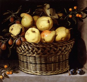 Una cesta de mimbre con frutas en un saliente de piedra de Juan van der Hamen y Leon