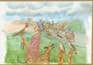 Una escena de caza altomedieval (acuarela sobre papel)
