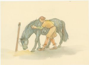 Un mozo medieval cepillando un caballo, 2004 de Judith Dobie