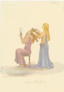 Una dama medieval en espera, cepillando el cabello de una dama