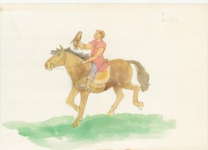 Un hombre medieval, mostrado montando un caballo con un ave de presa en su brazo, 2004 de Judith Dobie
