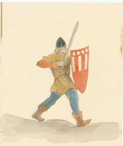 Un soldado medieval con una espada larga en su mano derecha y un escudo en su mano izquierda