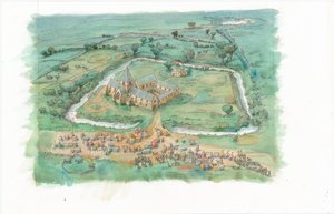 Reconstrucción pictórica de una vista oblicua del priorato de Latton tal y como era a finales del siglo XII.