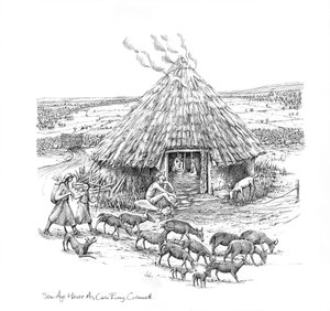 Granjeros y un rebaño de cabras fuera de la casa redonda de la Edad de Hierro, c. 1990-2010 de Judith Dobie