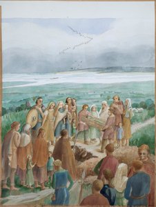 Reconstrucción de una escena funeraria sajona (acuarela sobre papel) de Judith Dobie