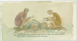 Dos personajes cortando piedra para hacer pequeños cuadrados para el mosaico, 2003