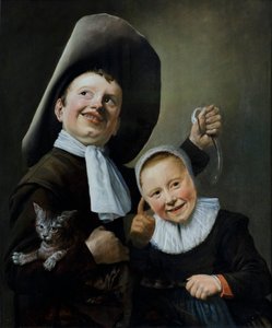 Un niño y una niña con un gato y una anguila, c.1635 (óleo sobre roble) de Judith Leyster