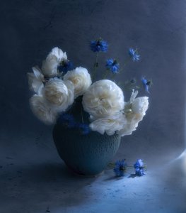 Naturaleza muerta floral en azul oscuro de Judy Tseng