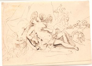 Figura de Venus descansando, rodeada de seis putti jugando con espada, flecha y corazón de Jürgen Ovens