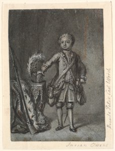 Retrato de niño de pie con equipo de caza; a la izquierda, mesa con sombrero de caza y rifle de cañón largo. ¿Príncipe Peter Carl Ulrich? de Jürgen Ovens