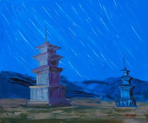 Pagodas antiguas bajo el cielo nocturno de Jukyong Park