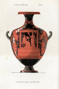 Vaso griego decorando a una mujer en su tocador con una caja de cosméticos y perfumes asistida por una esclava que agita un abanico de Jules (after) Cheret