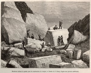 Mormones tallando granito para la construcción del templo. Grabado según el dibujo de J. Ferat, para ilustrar la historia La conquista blanca, por William Hepworth Dixon, en 1875, publicado en Le tour du monde, 1876, editado por Edouard Charton, edición Ha de Jules (after) Ferat