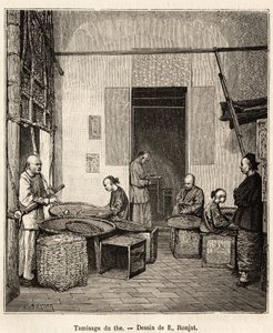 El cribado de la pólvora, para clasificar por tamices los gránulos según su tamaño y calidad antes del último secado que les da su perfume, en una fábrica de pólvora en la Bahía de Fati (Provincia de Cantón), grabado después de un dibujo de J. Ferat ilustr de Jules (after) Ferat