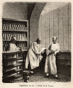 La degustación del té, en la sala de degustación de una fábrica de pólvora en la bahía de Fati (provincia de Cantón), en los estantes las cajas contienen las muestras de té, en la mesa central, las tazas con tapa especialmente diseñadas para la degustación de Jules (after) Ferat