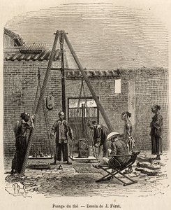 El pesaje del té antes de su expedición a los mercados comerciales en una fábrica de pólvora en la Bahía de Fati (Provincia de Cantón), grabado después de un dibujo de J.Ferat ilustrando el viaje a China, por J. Thompson, en 1870-1872, publicado en "Le tou de Jules (after) Ferat