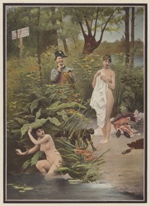 Mujeres atrapadas en el acto de bañarse (litografia en color)