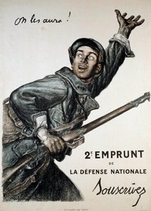 Primera Guerra Mundial (1914-1918): cartel de Abel Faivre para el préstamo nacional. Un soldado insta al público a suscribirse “¡Los conseguiremos!” - 2º Préstamo de la Defensa Nacional - Suscribirse de Jules Abel Faivre