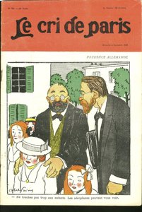 Ilustración de Abel Faivre (1867-1945) para la portada de Le Cri de Paris, 04/09/10 - "No toquen demasiado a los niños, los aeroplanos pueden verlos." - Alemania Prusia, Aviación de Jules Abel Faivre