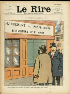 Ilustración de Abel Faivre (1867-1945) para la portada de Le Rire, 21/03/08 - El contrato de alquiler - Arquitectura Urbanística, Boda, Adulterio, Tiendas de Jules Abel Faivre