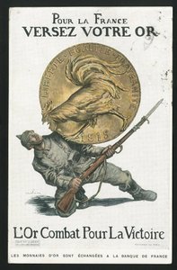 Postal, Satírico en colores, circa 1915: Por Francia, Vierte tu oro - Guerra del 14-18, Alemania Prusia, Plata, Beligerantes y símbolos, Victoria, Préstamo, Jornadas patrióticas - Gallo - Ilustración de Abel Faivre (1867-1945)