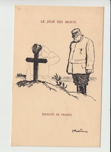 Postal, Satírico en N & B, ca. 1915: Día de los Muertos - Guerra del 14-18, Luto Funerales - Joffre, Soldados Ilustración de Abel Faivre