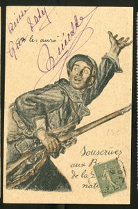 Postal: Suscríbase a los Bonos de Defensa Nacional - Guerra del 14-18, Beligerantes y Símbolos, Préstamo, Días Patrióticos - Ilustración de Abel Faivre (1867-1945)