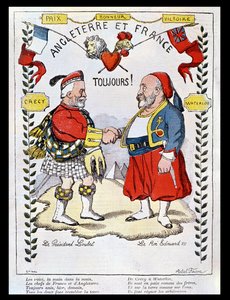 La Entente Cordiale entre Francia y Gran Bretaña: caricaturas del presidente Loubet (1838-1929) y el rey Eduardo VII (1841-1910), ilustración de 